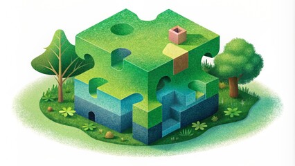 A green roof depicted as a puzzle piece that fits perfectly into the larger picture of sustainable building practices helping reduce carbon