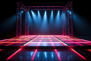 Modern dance stage light background with spotlight illuminated for modern dance production stage. Empty stage with creative lighting. Stage lighting art design. Entertainment show. Generative AI.