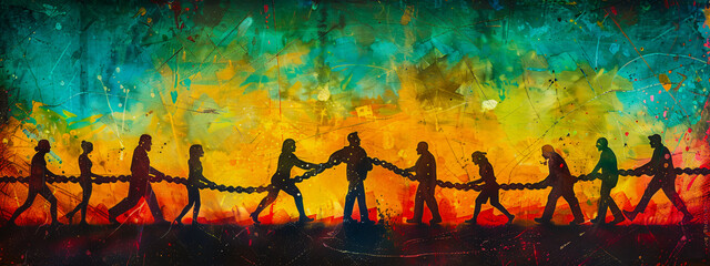 Silhouettes against sunset, concept of teamwork and friendship, people connected
