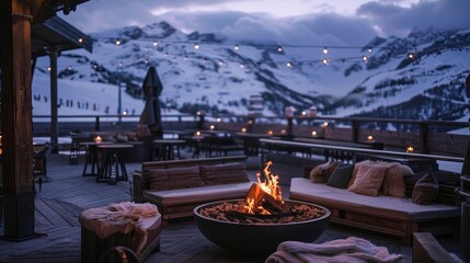 A cozy outdoor fireplace on a snowy restaurant terrace, with ski slopes and mountains in the background, capturing a luxurious winter travel lifestyle