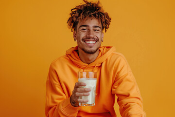 Young smiling fun happy Hispanic man wear orange sweatshirt casual clothes, isolated on yellow studio background, hold in hand glass drink regular milk. 
