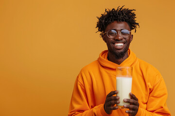 Young smiling fun happy African American man wear orange sweatshirt casual clothes, isolated on yellow studio background, hold in hand glass drink regular milk. 