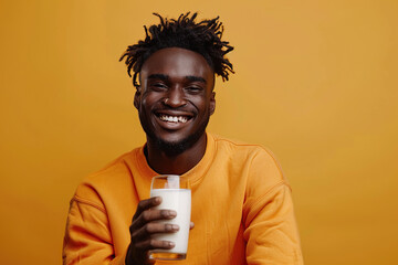 Young smiling fun happy African American man wear orange sweatshirt casual clothes, isolated on yellow studio background, hold in hand glass drink regular milk. 