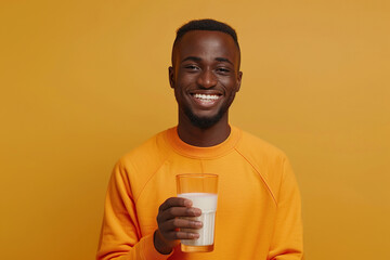 Young smiling fun happy African American man wear orange sweatshirt casual clothes, isolated on yellow studio background, hold in hand glass drink regular milk.