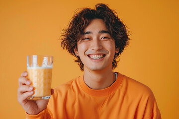 Young smiling fun happy Japanese man wear orange sweatshirt casual clothes, isolated on yellow studio background, hold in hand glass drink regular milk. 