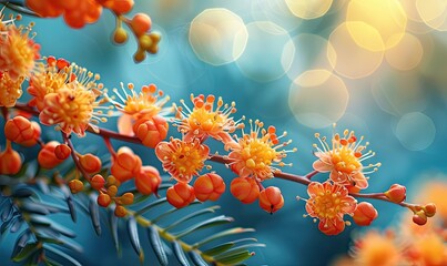 A close-up view of vibrant orange flowers with yellow accents, against a soft blue background with bokeh lights.