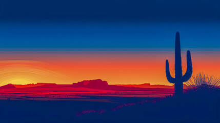 Silhouette of Desert Landscape at Sunset, Cactus and Mountains Under a Colorful Sky