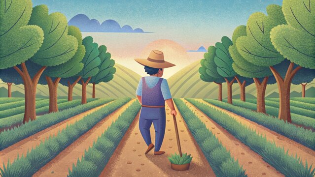 A farmer practices alley cropping planting rows of trees in between their rows of crops to improve soil quality provide shade and generate