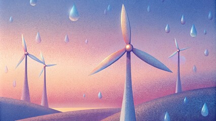 Dew drops glisten on the blades of the wind turbines reflecting the soft pastel hues of the breaking dawn.