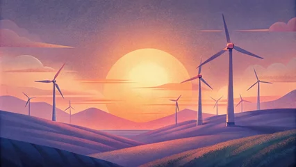 Deurstickers Like graceful giants the wind turbines stand tall and proud as the suns rays paint the sky behind them in shades of pink and orange. © DigitalSpace