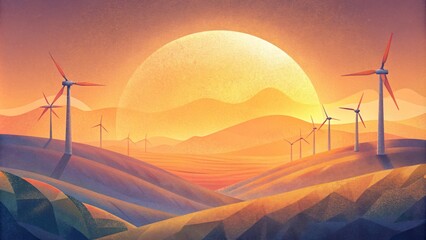 The suns glow over the wind farms adds a touch of magic to the rolling hills creating a stunning backdrop for the renewable energy revolution.
