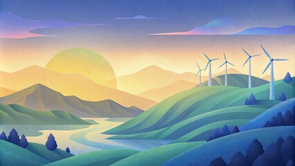 A serene landscape with the soft sounds of the wind turbines swishing in the breeze showcasing the beauty of ecofriendly energy production. - obrazy, fototapety, plakaty