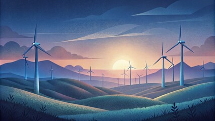 A picturesque view of wind turbines ed together as if standing guard against the darkness and welcoming the dawn.