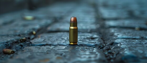 Closeup of a 9mm bullet shell on a brick floor a key piece of evidence in a murder case. Concept Forensic Evidence, Crime Scene Photography, Bullet Shell, Murder Investigation, Key Evidence - obrazy, fototapety, plakaty