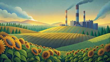 Fototapeta premium Against a backdrop of rolling hills and lush forests a massive biomass power plant stands tall surrounded by fields of vibrant yellow sunflowers