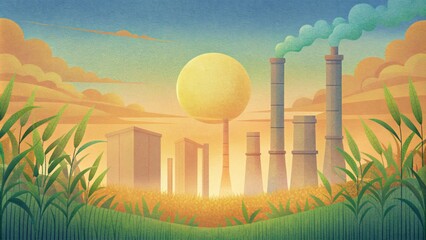 The sun beats down on the tall stalks of sugarcane that surround the biomass power plant where the renewable resource is converted into energy - obrazy, fototapety, plakaty