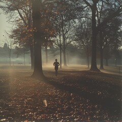 Early Morning Joggers Silhouette Against a Misty Park Sunrise A runners motion blurs into the dawn