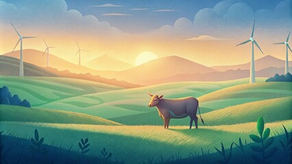 A lone cow grazing in a meadow seemingly unfazed by the towering wind turbines towering above her a testament to the peaceful integration of - obrazy, fototapety, plakaty