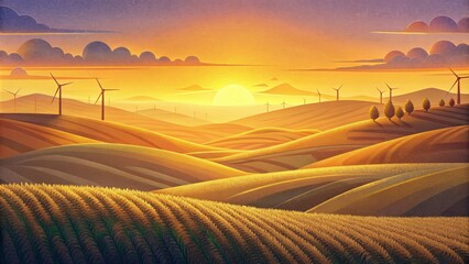 A golden sunset over a rolling landscape where the silhouette of wind turbines can be seen on the horizon standing tall amidst the endless - obrazy, fototapety, plakaty