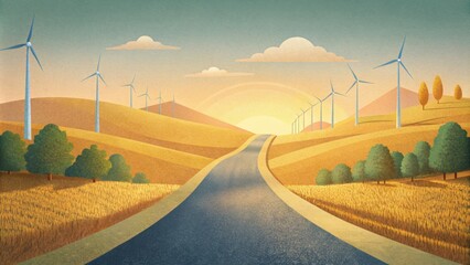 A rural road lined with wind turbines a representation of the dedication of local farmers to embrace and incorporate sustainable practices in - obrazy, fototapety, plakaty