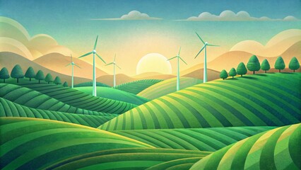 A patchwork of bright green fields divided by rows of wind turbines a picturesque reminder of the power of nature and technology working - obrazy, fototapety, plakaty