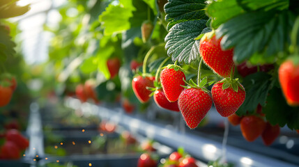 Ripe strawberries grown using hydroponics technology. Modern agricultural technologies, organic berries