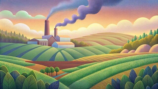 The quiet countryside is interrupted by the gentle hum of a biomass power plant encircled by fields of colorful energy crops and serving as a