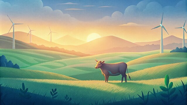 A lone cow grazing in a meadow seemingly unfazed by the towering wind turbines towering above her a testament to the peaceful integration of