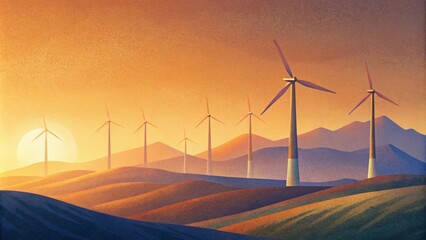 In the last rays of sunlight the wind turbines stand tall and proud casting long shadows and reminding us of the hard work and determination it - obrazy, fototapety, plakaty