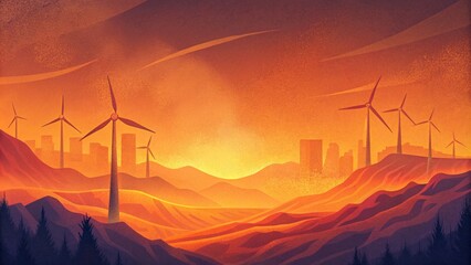 Against a backdrop of fiery hues the towering wind turbines stand tall and strong a testament to humanitys progress towards sustainable energy - obrazy, fototapety, plakaty