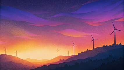 The distant silhouette of the wind turbines against the colorful sky creates a feeling of space and vastness representing the immense potential - obrazy, fototapety, plakaty