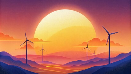 The bright and bold colors of the sunset are contrasted by the stark modern lines of the wind turbines creating a juxtaposition that perfectly