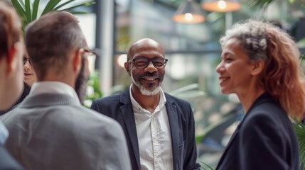 A group of people are standing together in a room, smiling and talking