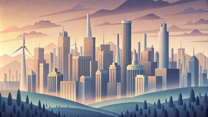 An industrialized cityscape featuring a variety of vertical wind turbines tered throughout the landscape their distinctively slender design