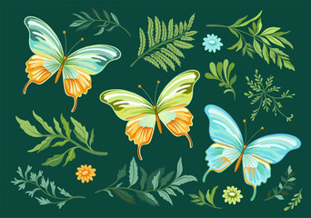 Collection of elegant beautiful tropical butterflies and plants isolated on background. Cute flying butterfly insects and leaves for decorative design elements
