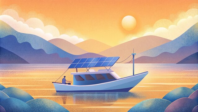 A small fishing boat glides past the floating solar panels its crew taking in the peaceful scenery while also reaping the benefits of renewable