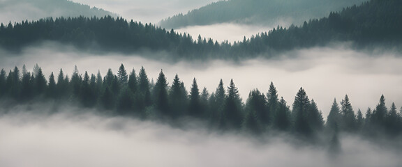 A dense forest of evergreen trees shrouded in mist against the backdrop of rolling hills, creating...
