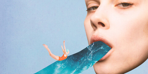Poster. Contemporary art collage. Surreal artwork of swimmer diving into water flowing from woman's mouth against blue background. Concept of inspiration, surrealism, fashionable. Pop art.