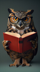 Gebildete weise Eule Uhu liest ein Buch mit Brille Generative AI Vorlage Idee für Motiv Karte Grußkarte
