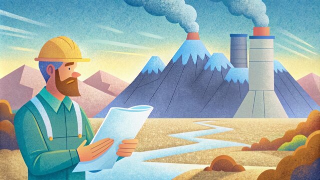 A Renewable Energy Engineer carefully reviews the plans for a new geothermal power plant considering factors such as underground temperatures
