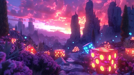 8K vibrant and bright surrealistic dice, set in a fantasy landscape, colorful and dreamlike - obrazy, fototapety, plakaty