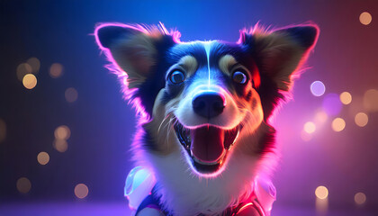 Fototapeta na wymiar Joyful corgi with glowing neon lights and bokeh background, vibrant pet portrait