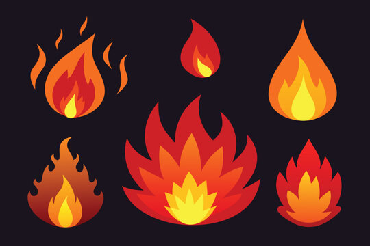 Fire. Fiery flame, bright fireball, thermal forest fire and a red-hot bonfire. Flames of different shapes. Vector fire flame icons