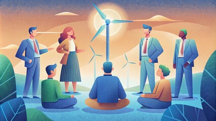 A group of renewable energy lobbyists discussing potential partnerships with technology companies in order to increase the adoption of - obrazy, fototapety, plakaty