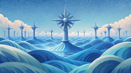 A of massive tidal turbines reminiscent of large wind turbines standing proudly as they harness the power of the oceans everchanging tides. - obrazy, fototapety, plakaty