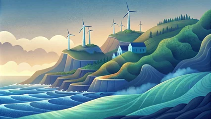 Foto op Canvas A beautiful coastline dotted with offshore wind farms and wave energy converters showcasing the vast potential of marine energy as a © DigitalSpace