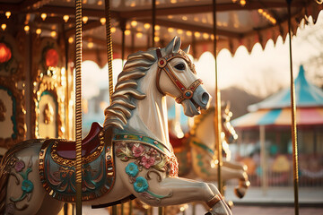 Carousel horse at the amusement park in the night made with generative AI