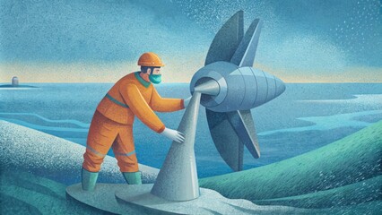 A marine energy spet examining the design and composition of a tidal turbine blade ensuring it is strong enough to withstand the harsh - obrazy, fototapety, plakaty