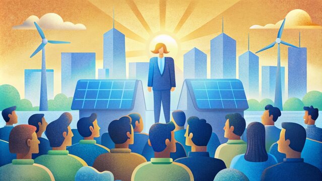 A renewable energy lobbyist giving a presentation to a group of city council members advocating for the implementation of solar panels on all