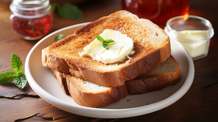 Toast bread in plate with bowls of butter and jam on a wooden table